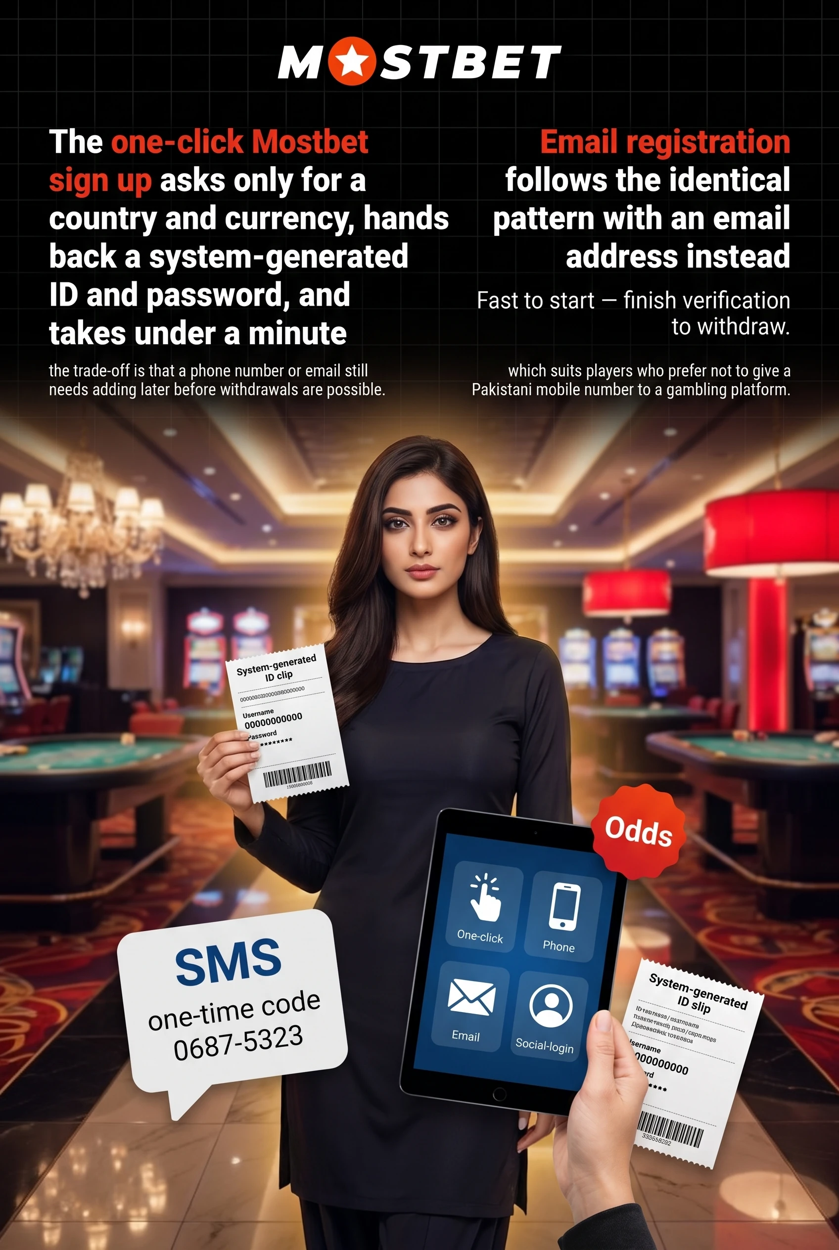 Comparison of one-click, phone, email and social Mostbet sign up